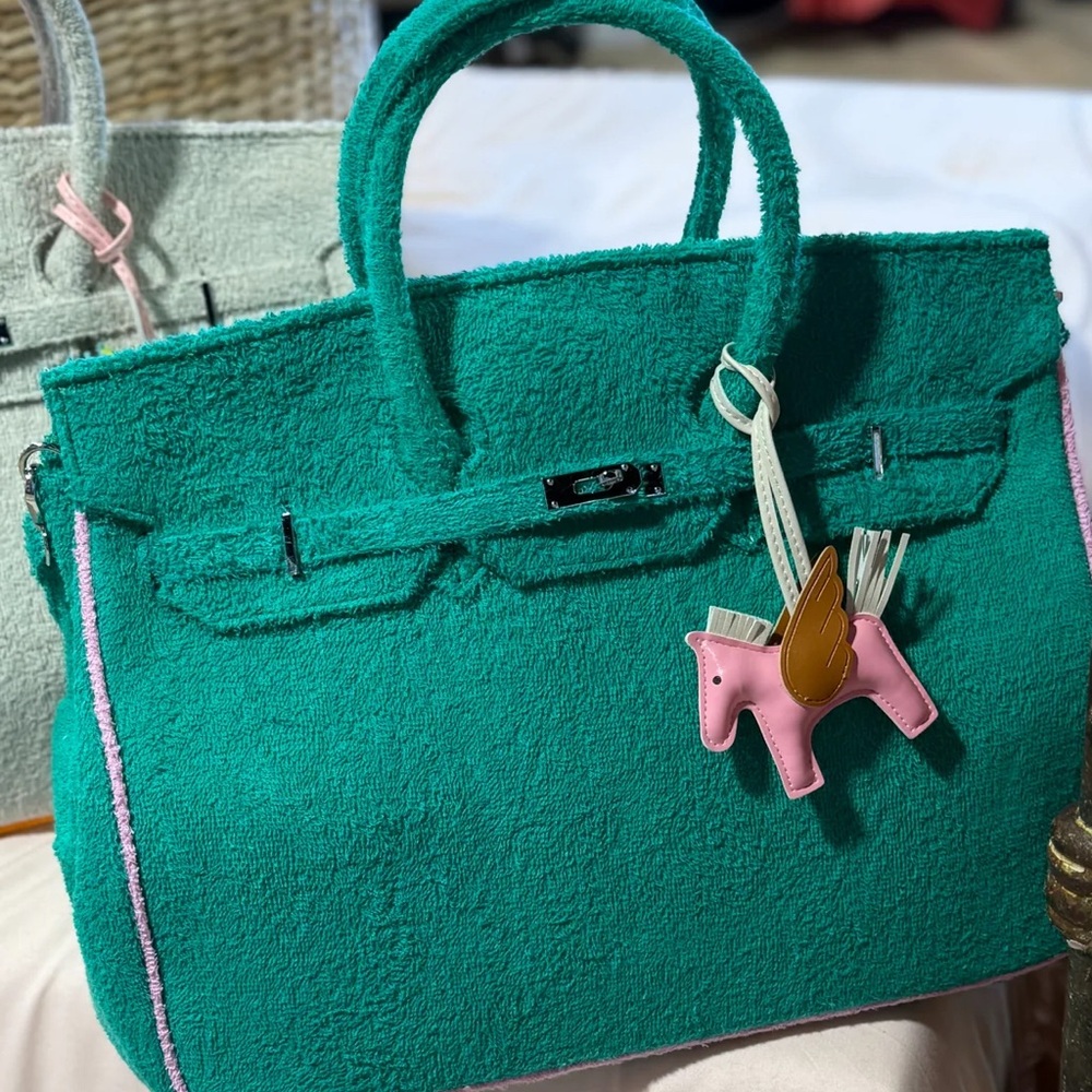 Green Terrycloth Summer Beach Birkin-style Tote Bag with Pink Accents